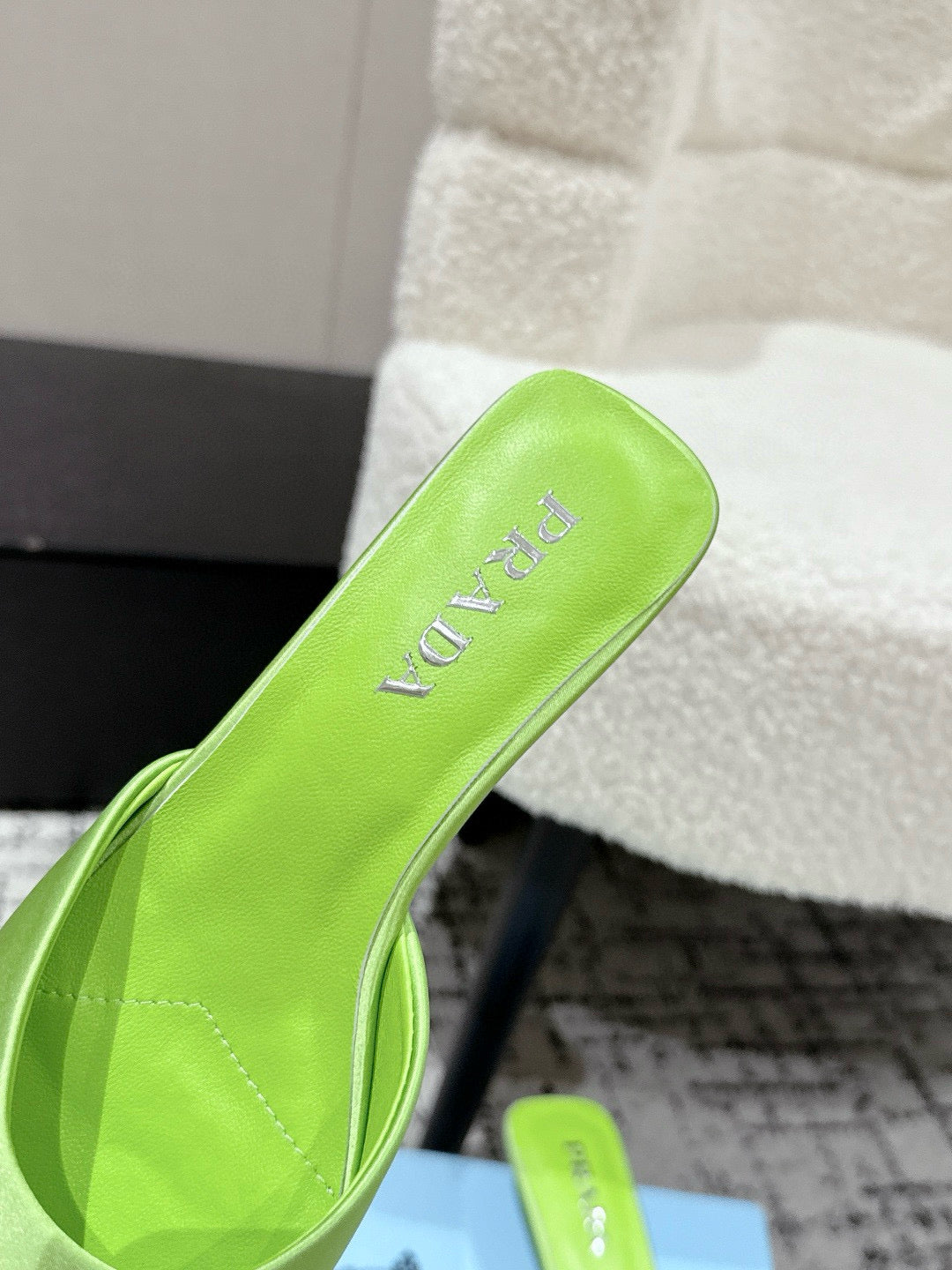 PRADA 25S POINTED-TOE MULES IN LIME GREEN SATIN