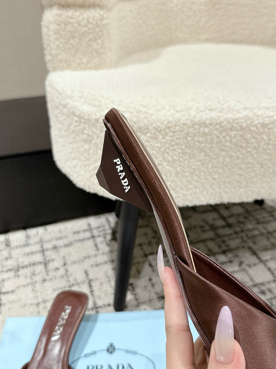 PRADA 25S POINTED-TOE MULES IN DARK BROWN SATIN