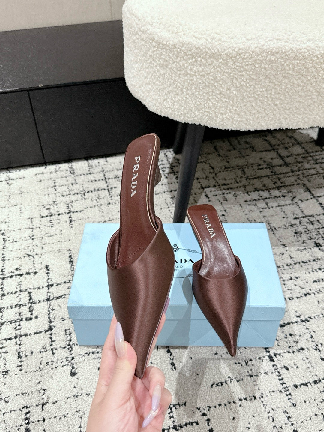PRADA 25S POINTED-TOE MULES IN DARK BROWN SATIN