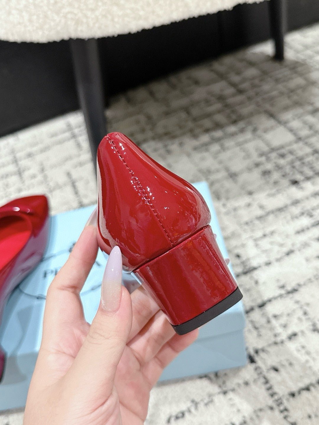 PRADA 25S SQUARE TOE HIGH HEELS IN DARK RED GLOSSY CALFSKIN
