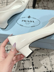 PRADA 25S SQUARE TOE HIGH HEELS IN WHITE PATENT CALFSKIN