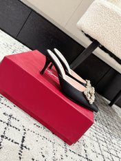 ROGER VIVIER 25S EFFLORESCENCE MULES 65MM IN BLACK SATIN EMBELLISHED CRYSTALS