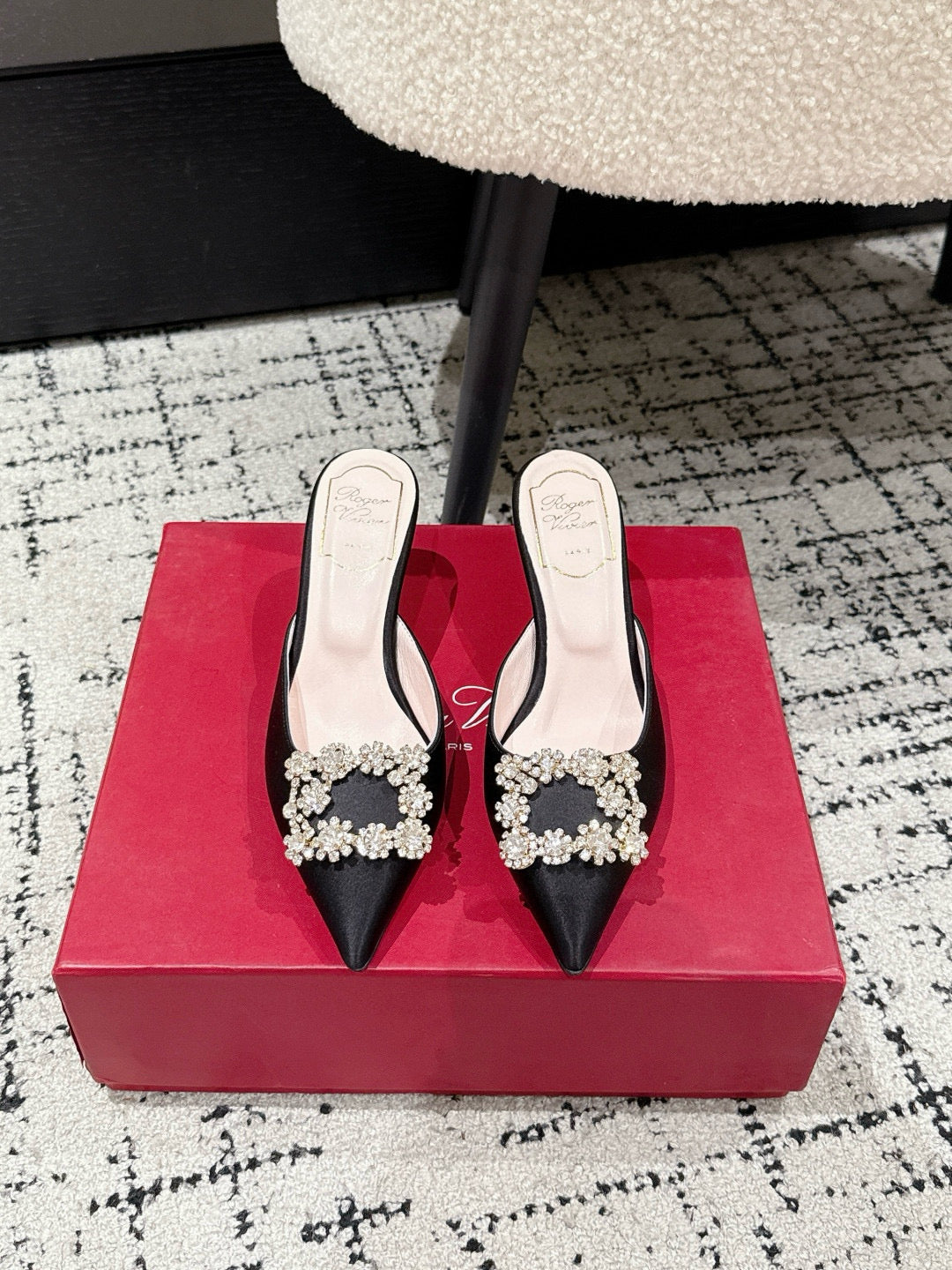 ROGER VIVIER 25S EFFLORESCENCE MULES 65MM IN BLACK SATIN EMBELLISHED CRYSTALS