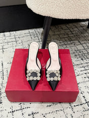 ROGER VIVIER 25S EFFLORESCENCE MULES 65MM IN BLACK SATIN EMBELLISHED CRYSTALS