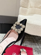 ROGER VIVIER 25S EFFLORESCENCE MULES 65MM IN BLACK SATIN EMBELLISHED CRYSTALS