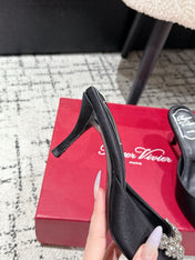 ROGER VIVIER 25S POINTED TOE HEELED MULES 65MM IN BLACK SATIN EMBELLISHED CRYSTALS