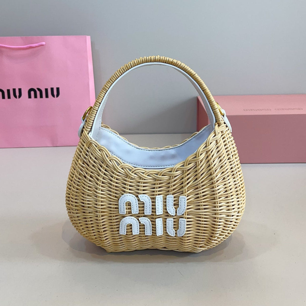 WANDER WICKER HOBO BAG 13 IN TAN BROWN HANDWOVEN WITH WHITE CALFSKIN LOGO