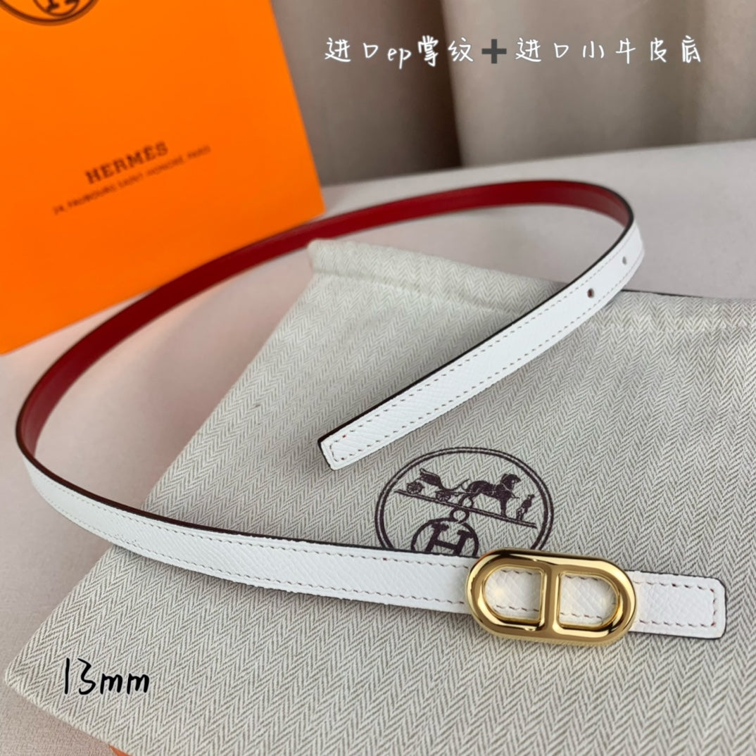 HM MAILLON H BELT BUCKLE & REVERSIBLE WHITE LEATHER STRAP 13 MM GOLD HARDWARE