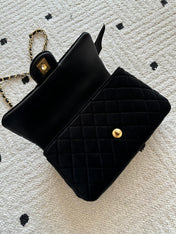 CHANEL 25S MINI FLAP BAG 23 IN BLACK VELVET WITH GOLD HARDWARE