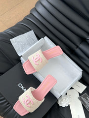 WOVEN SLIDE IN RAFFIA AND LIGHT PINK LAMBSKIN