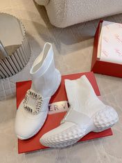 VIV' RUN LIGHT SOCKS ANKLE BOOTS IN WHITE FABRIC STRASS BUCKLE