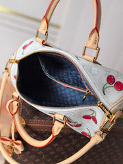 LV 25S SPEEDY SOFT 30 IN WHITE CANVAS MONOGRAM CHERRY PRINT GOLD HARDWARE