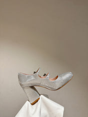 TRÈS VIVIER MARY JANE DOUBLE-STRAP PUMPS IN SILVER CALFSKIN FULLY EMBELLISHED CRYSTALS
