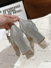 TRÈS VIVIER MARY JANE DOUBLE-STRAP PUMPS IN SILVER CALFSKIN FULLY EMBELLISHED CRYSTALS