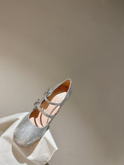 TRÈS VIVIER MARY JANE DOUBLE-STRAP PUMPS IN SILVER CALFSKIN FULLY EMBELLISHED CRYSTALS