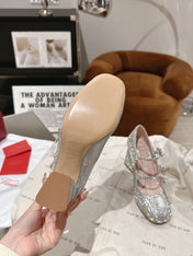 TRÈS VIVIER MARY JANE DOUBLE-STRAP PUMPS IN SILVER CALFSKIN FULLY EMBELLISHED CRYSTALS