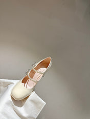 TRÈS VIVIER MARY JANE DOUBLE-STRAP PUMPS IN OFF WHITE PATENT CALFSKIN