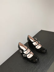 TRÈS VIVIER MARY JANE DOUBLE-STRAP PUMPS IN BLACK PATENT CALFSKIN