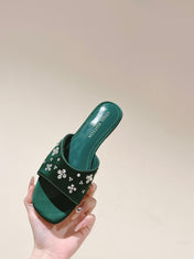LV WOMEN FLAT MULE IN GREEN FOREST SATIN WITH RHINESTONE