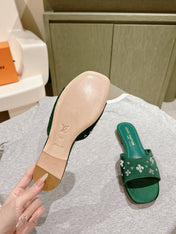 LV WOMEN FLAT MULE IN GREEN FOREST SATIN WITH RHINESTONE