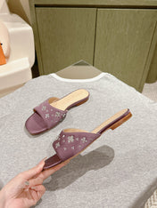LV WOMEN FLAT MULE IN MAUVE PURPLE SATIN WITH RHINESTONE