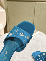 LV WOMEN FLAT MULE IN COBALT BLUE SATIN WITH RHINESTONE