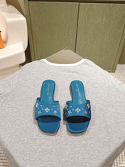 LV WOMEN FLAT MULE IN COBALT BLUE SATIN WITH RHINESTONE