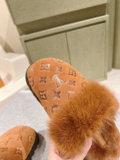 COSY FLAT COMFORT CLOG IN BRONZE BROWN MONOGRAM LAMB WOOL AND MINK FUR