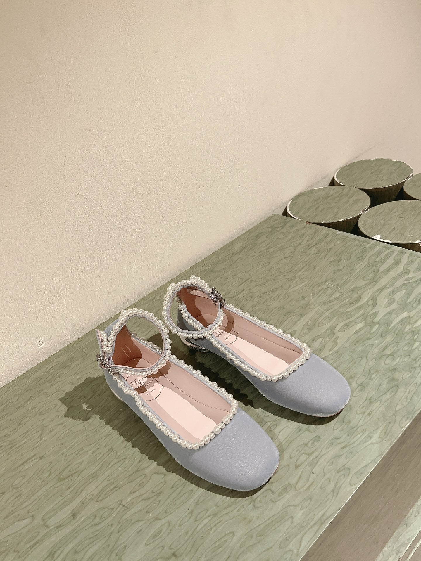 BALLERINAS MARY JANE IN GRAY SUEDE WITH PEARL TRIM