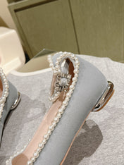 BALLERINAS MARY JANE IN GRAY SUEDE WITH PEARL TRIM