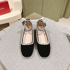 BALLERINAS MARY JANE IN BLACK SUEDE WITH PEARL TRIM