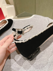 BALLERINAS MARY JANE IN BLACK SUEDE WITH PEARL TRIM
