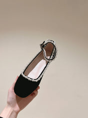 BALLERINAS MARY JANE IN BLACK SUEDE WITH PEARL TRIM