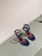 YSL 25S HIGH-HEEL SANDALS 100 MM IN DEEP NAVY BLUE SATIN WITH YSL LOGO HEEL DESIGN IN GOLD