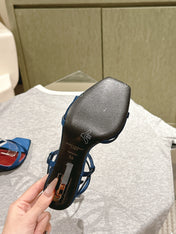 YSL 25S HIGH-HEEL SANDALS 100 MM IN DEEP NAVY BLUE SATIN WITH YSL LOGO HEEL DESIGN IN GOLD