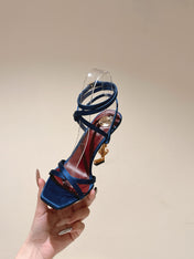 YSL 25S HIGH-HEEL SANDALS 100 MM IN DEEP NAVY BLUE SATIN WITH YSL LOGO HEEL DESIGN IN GOLD