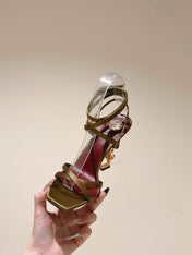 YSL 25S HIGH-HEEL SANDALS 100 MM IN MOSS GREEN SATIN WITH YSL LOGO HEEL DESIGN IN GOLD