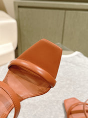 YSL 25S OPYUM HIGH-HEEL SANDALS 100 MM IN BURNT ORANGE BROWN LAMBSKIN