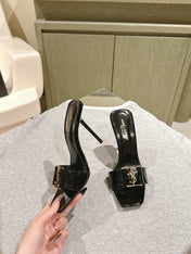 YSL 25S SQUARE-TOE HIGH-HEEL SANDALS 100 MM IN BLACK GLOSSY LAMBSKIN WITH GOLD HARDWARE
