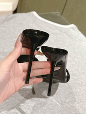 YSL 25S SQUARE-TOE HIGH-HEEL SANDALS 100 MM IN BLACK GLOSSY LAMBSKIN WITH GOLD HARDWARE