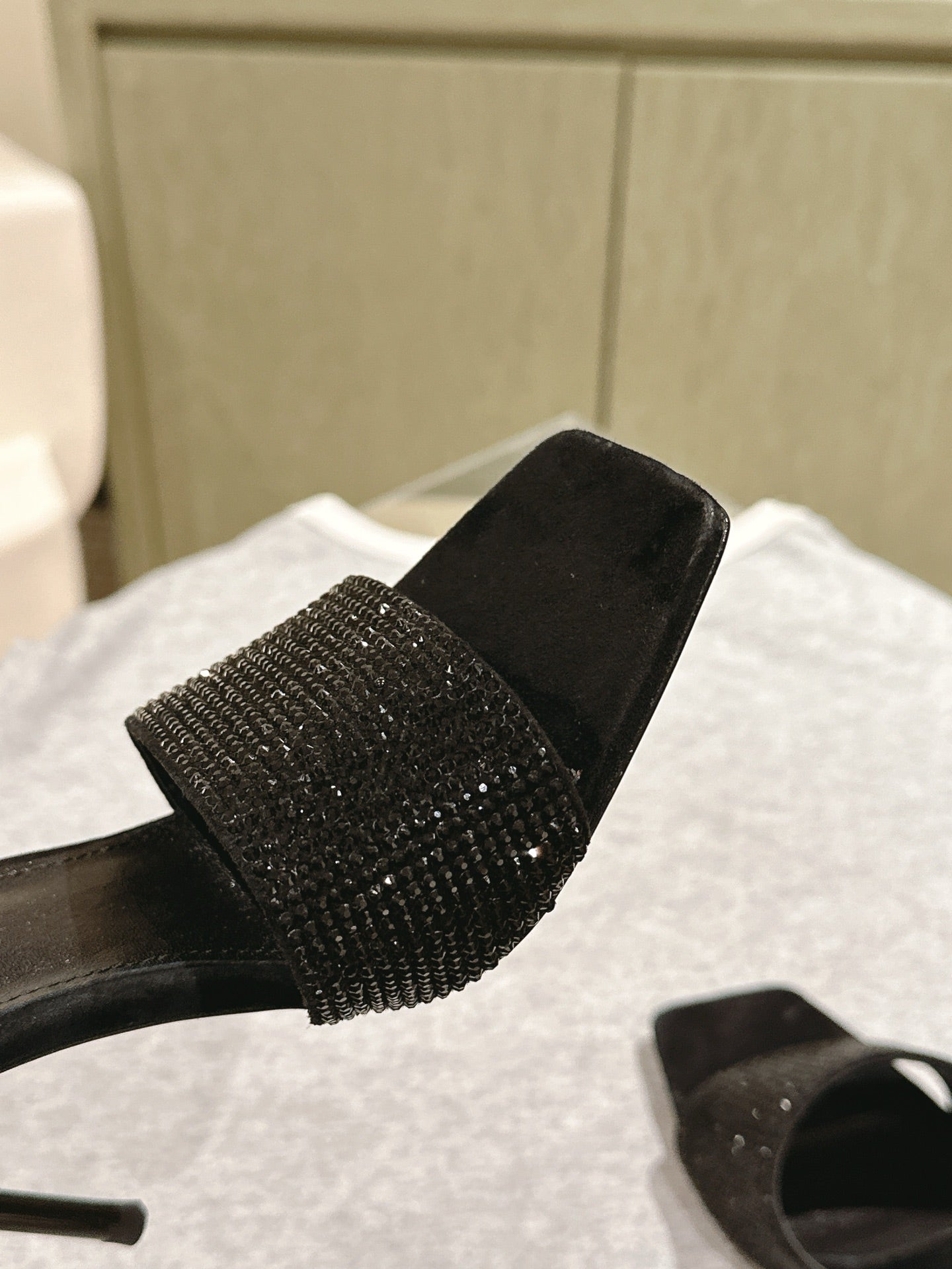 YSL 25S HEELED SANDALS 100 MM IN BLACK LAMBSKIN WITH RHINESTONE-EMBELLISHED STRAP