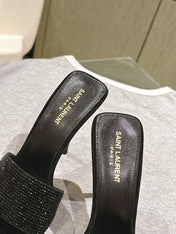 YSL 25S HEELED SANDALS 100 MM IN BLACK LAMBSKIN WITH RHINESTONE-EMBELLISHED STRAP