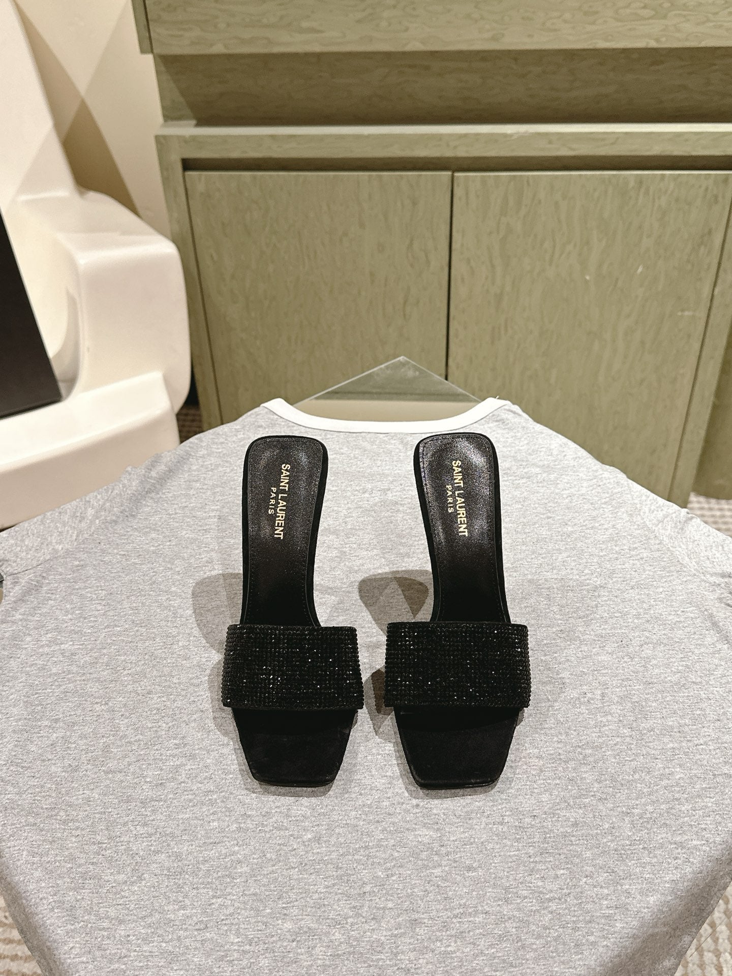 YSL 25S HEELED SANDALS 100 MM IN BLACK LAMBSKIN WITH RHINESTONE-EMBELLISHED STRAP