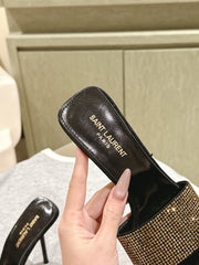 YSL 25S HEELED SANDALS 100 MM IN BLACK LAMBSKIN WITH GOLD RHINESTONE-EMBELLISHED STRAP