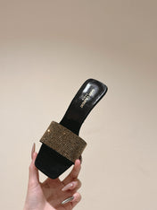 YSL 25S HEELED SANDALS 100 MM IN BLACK LAMBSKIN WITH GOLD RHINESTONE-EMBELLISHED STRAP