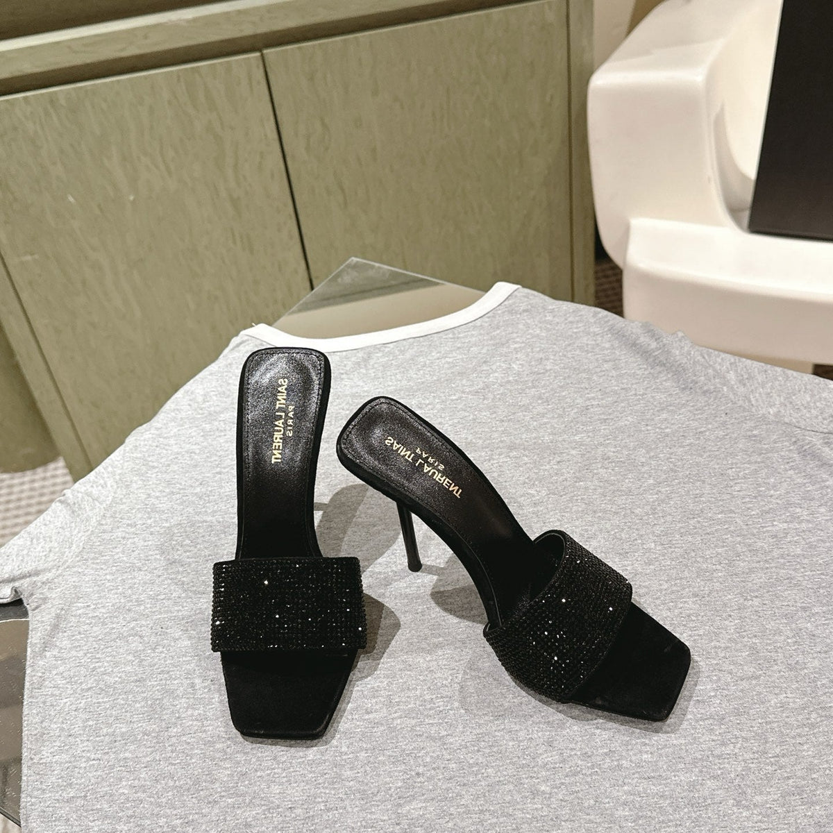 YSL 25S HEELED SANDALS 100 MM IN BLACK LAMBSKIN WITH RHINESTONE-EMBELLISHED STRAP