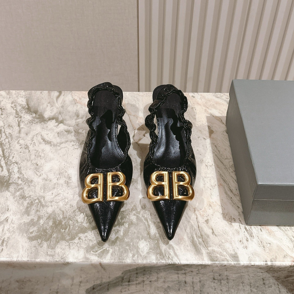 BALENCIAGA 25S HIGH SLINGBACK 45 MM IN BLACK LAMBSKIN WITH GOLD HARDWARE