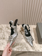 BALENCIAGA 25S HIGH SLINGBACK 45 MM IN SILVER LAMBSKIN WITH SILVER HARDWARE