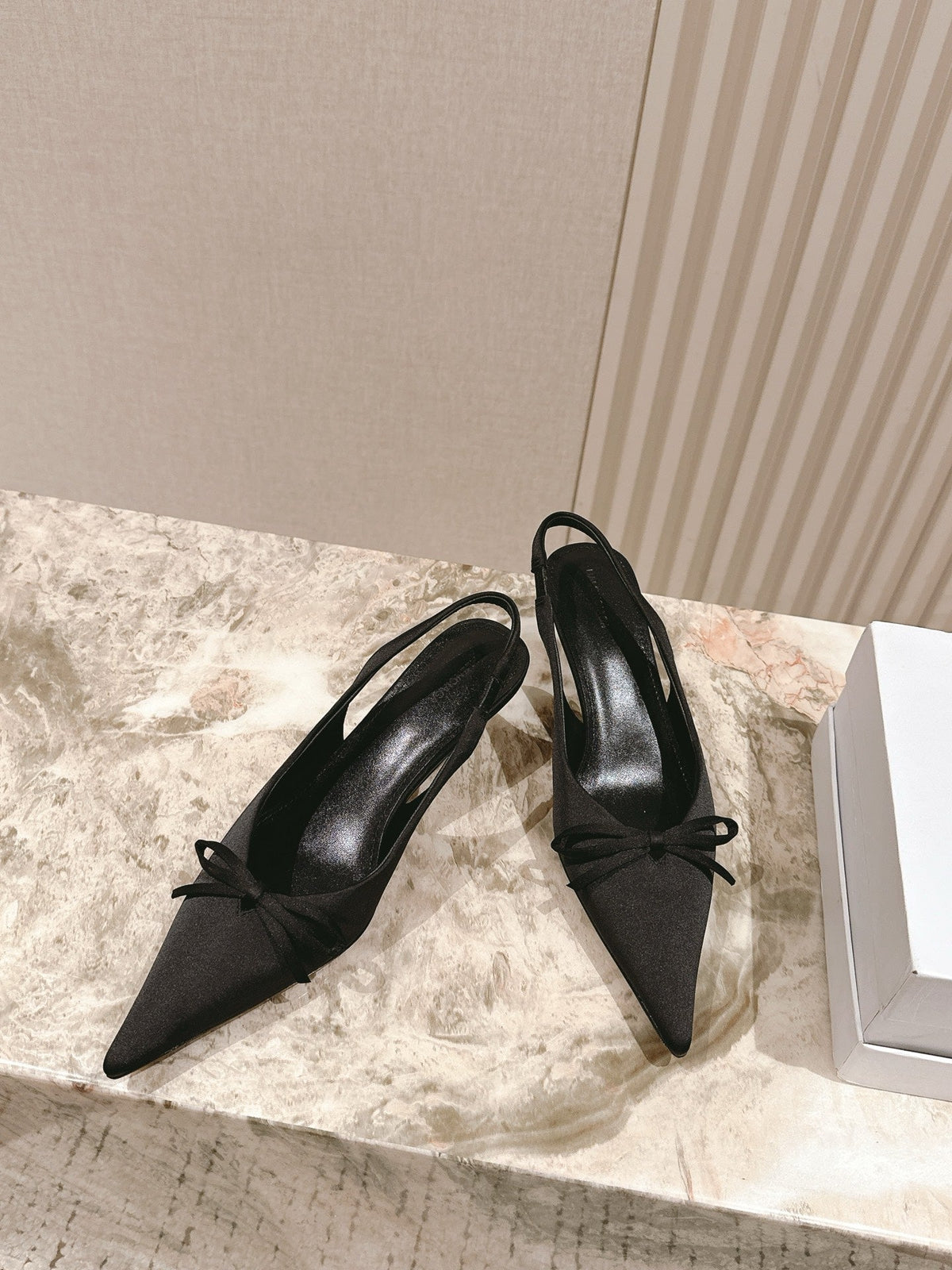 BALENCIAGA 25S HIGH SLINGBACK IN BLACK SATIN WITH SMALL BOW