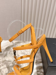 YSL 25S STILETTO HIGH-HEEL SANDALS 100 MM IN DARK ORANGE LAMBSKIN WITH GOLD HARDWARE